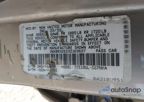 2003 Toyota Corolla Le from USA, damaged, VIN 1NXBR32E23Z163637